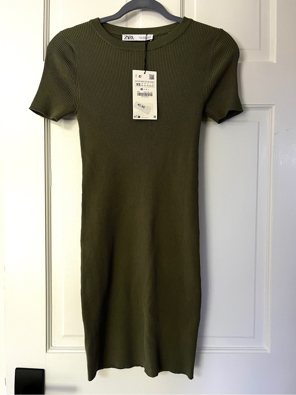 NWT ZARA Olive Ribbed Knit Short-Sleeve Dress | XS
